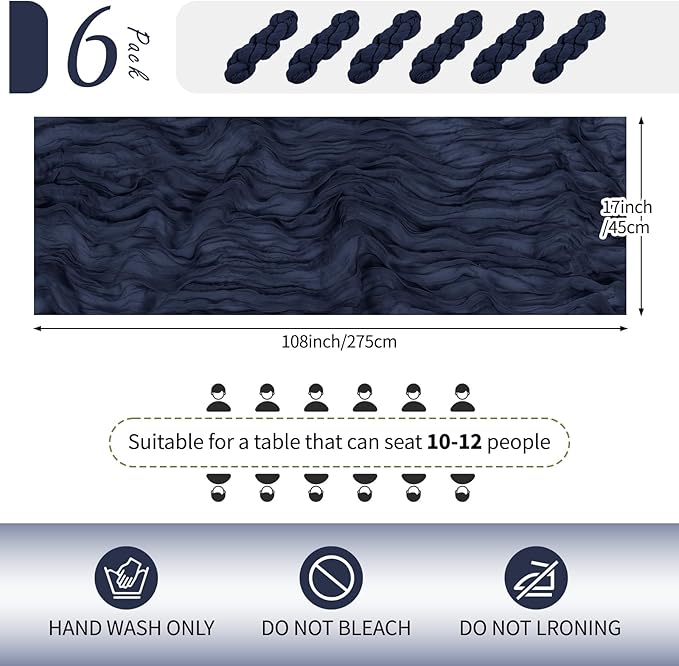 RealBox 6 Pack Navy Blue Cheesecloth Table Runner 17x108 Inch Semi Sheer Boho Gauze Cheese Cloth Fabric Table Runners Table Decor for Wedding Party Baby Shower Birthday Home Decor Garden Farmhouse