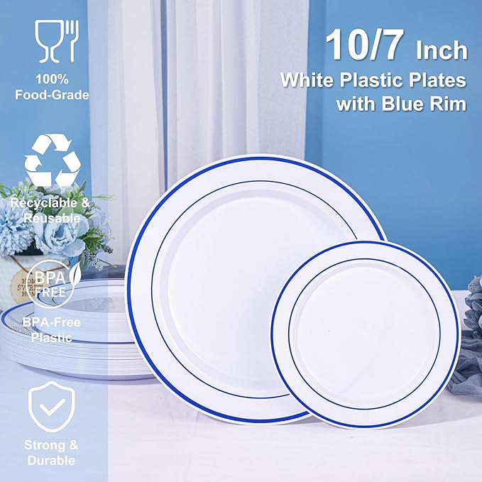 U-QE 100pcs Blue Plastic Plates for Party - Blue Plates Disposable Heavy Duty - Premium Plates Include 50 10" Dinner and 50 7" Dessert Plate, Perfect for Party, Wedding & Birthday