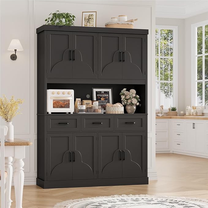 HITHOS 76" Tall Kitchen Pantry Storage Cabinet, 55??Wide Kitchen Hutch Cabinet with Storage Drawers, Large Food Pantry with Microwave Stand, Modern Cupboard with Hutch for Dining Living Room, Black