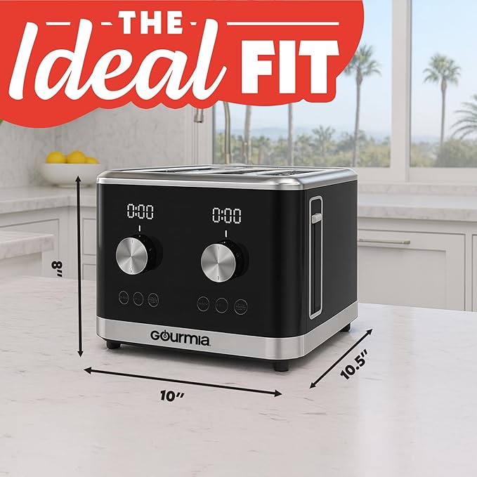 Gourmia 4 Slice Toaster, Double-Sided ??Dual Independent Controls, Bagel, Defrost & Reheat Mode, 6 Browning Levels, Extra Wide Slots, Removable Crumb Tray, Compact Design, Black