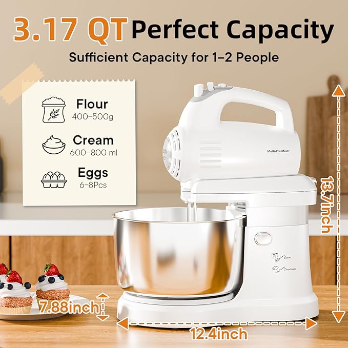 Stand Mixer Hand Mixer Electric Kitchen - 3.2 QT Auto-Rotating Bowl & Beater Small Standing Mixer, 5-Speed Tilt-Head Household Mixer with Beaters& Dough Hooks for Baking, White