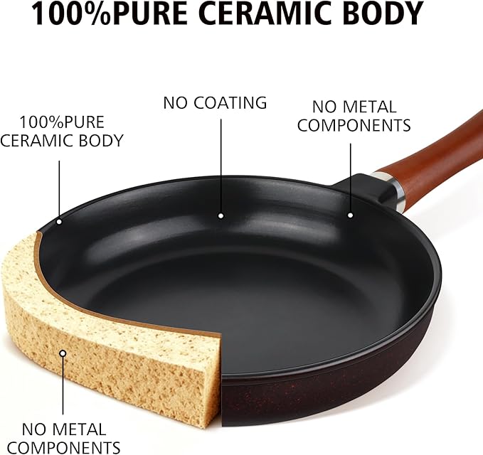 10-inch Pure Ceramic Frying Pan Skillet - Non-Toxic, PFOA/PFAS/PTFE Free, No Chemical Coating - Healthy Cooking - Solid Wood Handle (Black)