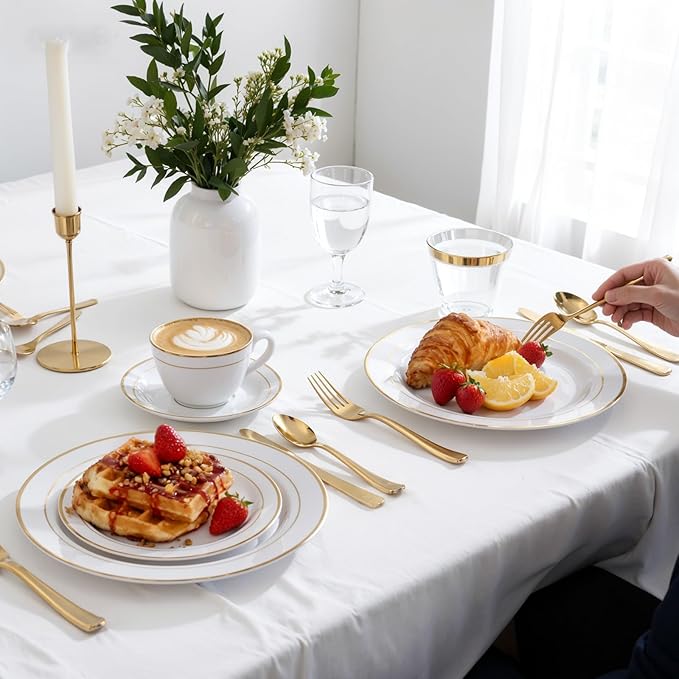 350Piece Gold Dinnerware Set for 50 Guests - Gold Plastic Plates with Disposable Cutlery Include:50Dinner Plates-50Dessert Plates-50Pre Rolled Napkins with Silverware for Valentine?셲 Day