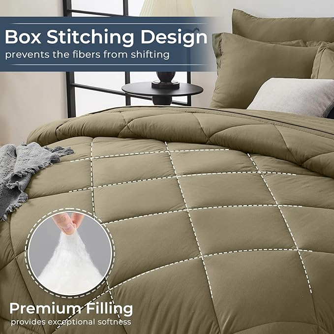 HEVUMYI Olive Green California King Comforter Set - 7-Piece All Season Bed in a Bag Cal King, Ultra Soft Bedding Set with Comforter, Flat Sheet, Fitted Sheet, Pillowcases, Pillow Shams
