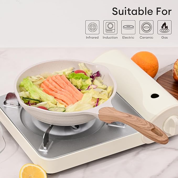 JEETEE 8 Inch Nonstick Frying Pan, Stone Coating Cookware, Nonstick Omelette Pan with Heat-Resistant Handle, Compatible with All Stoves (Beige)