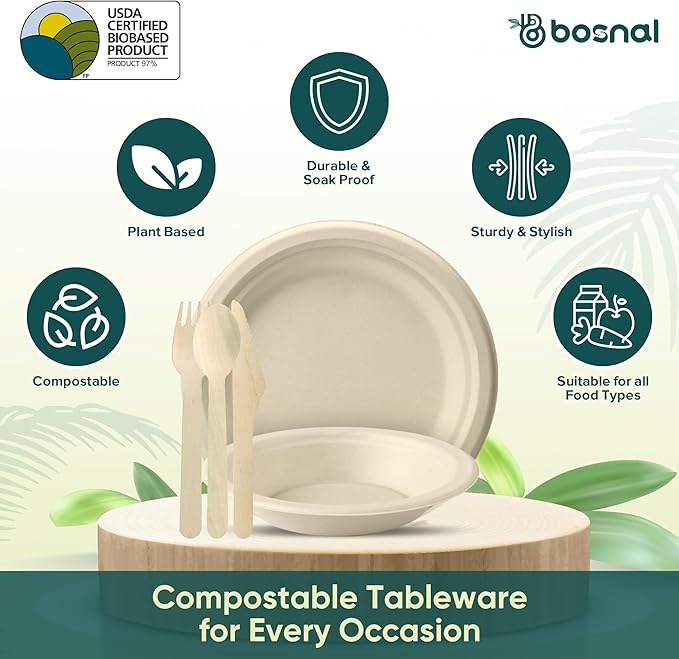 BOSNAL 10 Inch Round Plates with 16 oz Bowls & Cutlery ??25 Plates, 25 Bowls, 25 Spoons, 25 Knives & 50 Forks, 100% Plant-Based Sugarcane Bagasse, Eco-Friendly, Compostable, Microwave Safe & Durable