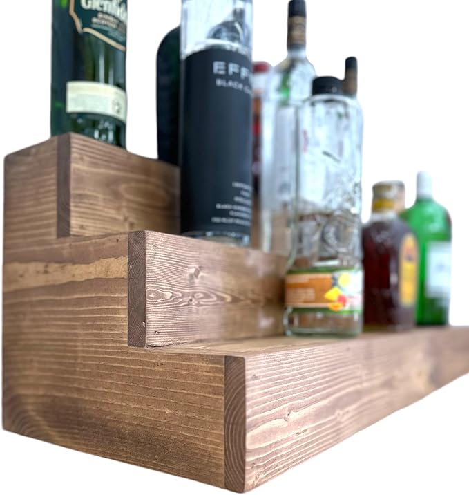 Handmade Tiered Display Shelving - Three Tier Bar Display - Bar Organizer - Liquor Bottle Display (36" with Back, Special Walnut)