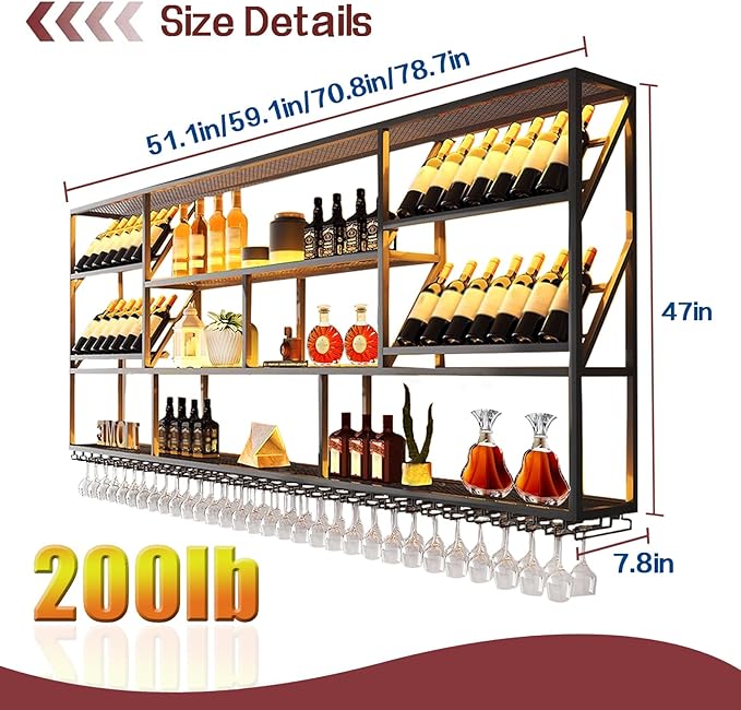3 Tier Large Wine Rack Wall Mounted, Modern Industrial Liquor Bottle Display Shelves, Metal Bar Shelf with Wine Glass Rack, Black, for Home Kitchen, Dining and Bar