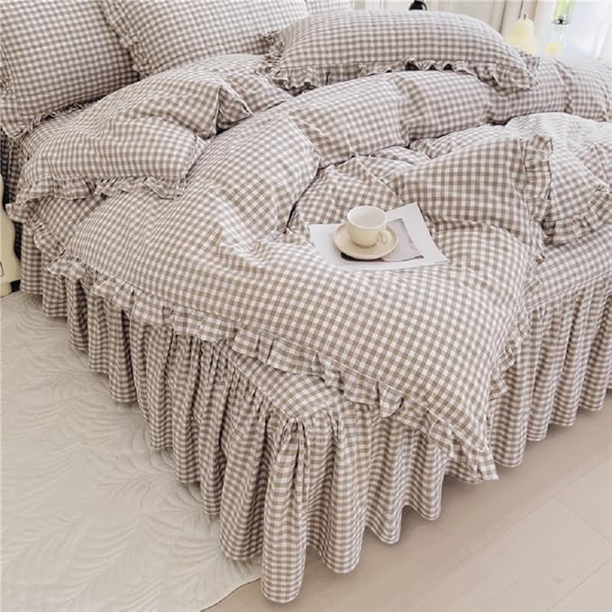LifeTB Tan Gingham Comforter Set Full Vintage Ruffle Taupe Plaid Comforter Set 3 Pieces Soft Fluffy Grid Checkered Pattern Comforter with 2 Pillowcases Farmhouse Gingham Bedding Comforter Full