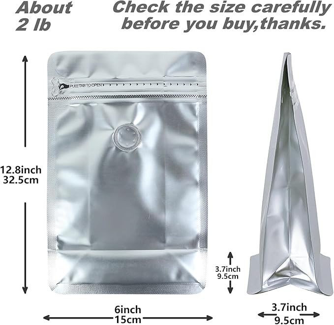 150 Pack High Barrier Stand-Up Coffee Bean Bags with Vented Valve, Matte Metallic, Heat-Sealable and Resealable Solid Color Pouches for Food Storage (6 * 12.8 inch,2 lb,32 oz,Silver)