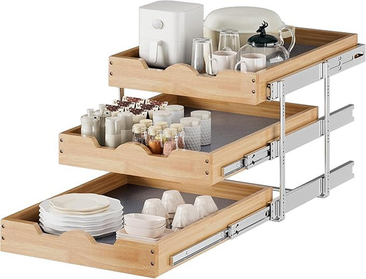 DINDON 3 Tier Pull Out Cabinet Organizer 20?쓂 X21?쒭 Slide Out Shelves With Shelf Liner for Kitchen Wood Roll Out Drawers Pantry Organization