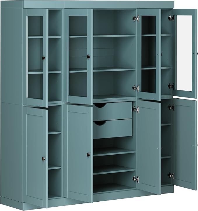 Palace Imports 100% Solid Wood Kitchen China Pantry Cabinet, 65" W - 4 Clear Glass & 4 Shaker Doors, Renewable Eco-Friendly Wood, Made in Brazil (Aqua, 8 China/Shaker Doors | 2 Drawers)