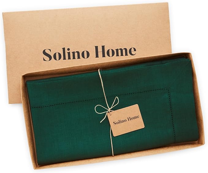 Solino Home Rainforest Green Linen Tablecloth 52 x 52 Inch - 100% Pure Linen Square Table Throw - Classic Hemstitch, Machine Washable Table Cloth for Winter, St Patricks Day