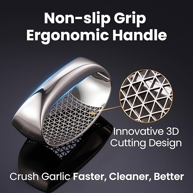 Garlic Press Rocker Stainless Steel with Eject Base + Scraper Spoon, Innovative 3D Cutting, Easy Crush & Clean Garlic Mincer, Premium Garlic Peeler Tool with Non-Slip Ergonomic Grip, 5 Year Warranty