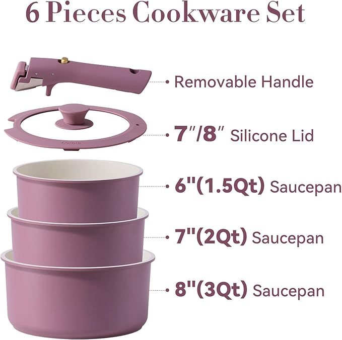 CAROTE 6pcs Nonstick Sauce Pan Sets with Lid 3 Sizes竊?.5QT, 2QT & 3QT竊? Non Stick Cooking Pot with Detachable Handle, Kitchen Sauce Pots Induction Pot, PFOA FREE, Dishwasher Safe, Purple