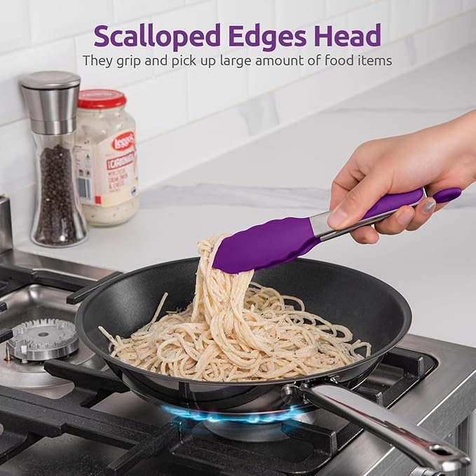 600쨘F Heat Resistant Kitchen Tong: U-Taste 7 inch Silicone Cooking Tong with Firm Sealed Non Stick Rubber Tips & Silicon Coated 18/8 Stainless Steel Handle & Smooth Locking for Serving Salad (Purple)