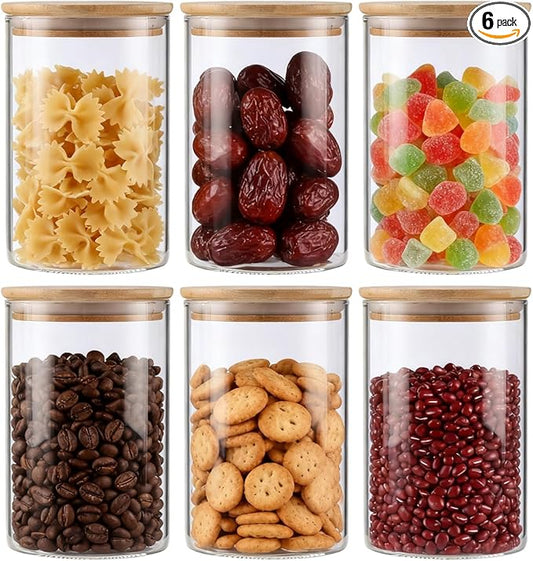6-Pack Glass Storage Jars with Bamboo Lids Single 32 fl oz/950ml, Glass Canister Set, Airtight Containers for Kitchen Dry Goods, Coffee, Tea, Sugar,Flour,Candy, Cookie, Pasta