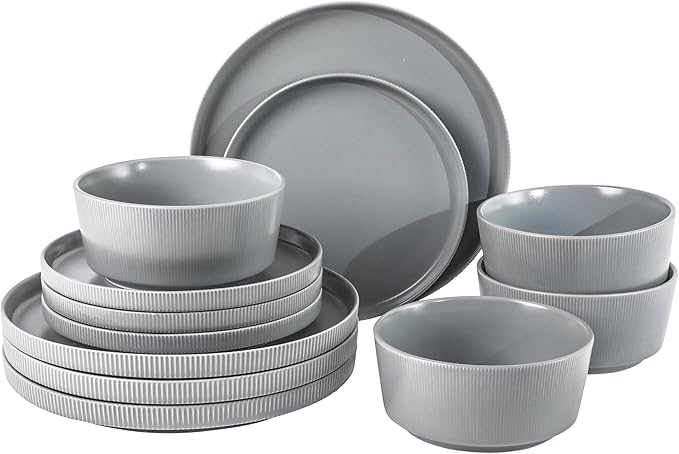 Gibson Home Dempsey Road 12-Piece Stoneware Dinnerware Set ??Service for 4, Round Grey Plates and Bowls, Durable Solid Color Modern Embossed Dish Set, Microwave & Dishwasher Safe