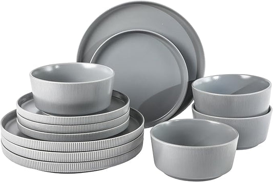 Gibson Home Dempsey Road 12-Piece Stoneware Dinnerware Set ??Service for 4, Round Grey Plates and Bowls, Durable Solid Color Modern Embossed Dish Set, Microwave & Dishwasher Safe