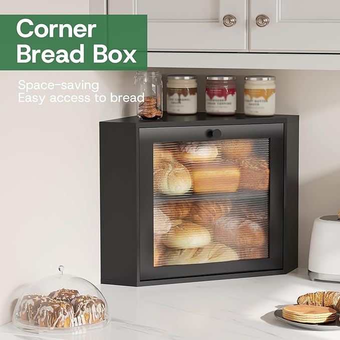 Black Corner Bread Box for Kitchen Countertop - Bamboo Wood, Wavy Acrylic Door, Adjustable 2-Layer Bread Storage Container, Large Bread Holder