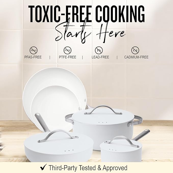 Alva Mobi 8?멠iece Ceramic Nonstick Cookware Set ??Made without PFAS/PFOA/PTFE, Induction & Oven Safe, Easy?멌lean Pots & Pans with Lids, Recycled Aluminum + Stainless Handles