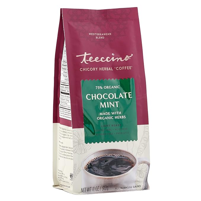 Teeccino Chicory Coffee Alternative ??Chocolate Mint ??Ground Herbal Coffee That?™s Prebiotic, Caffeine Free & Acid Free, Light Roast, 11 Ounce