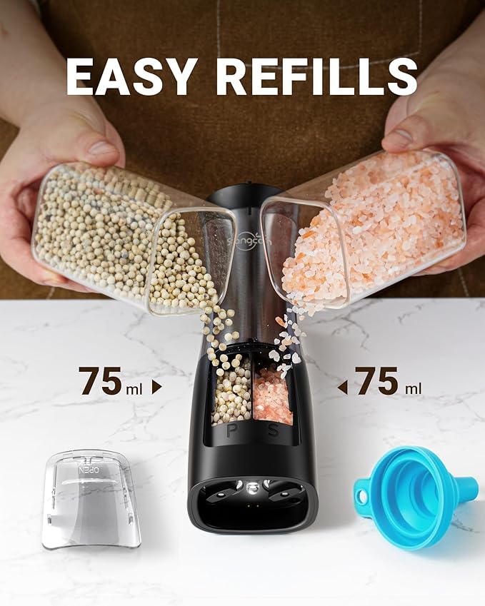 Sangcon Electric Salt and Pepper Grinder Set Shaker 2 IN 1 - USB RECHARGEABLE Salt and Pepper Mill with Charging Base, Adjustable Coarseness Automatic Grinder with Light, House Warming Cooking Gifts