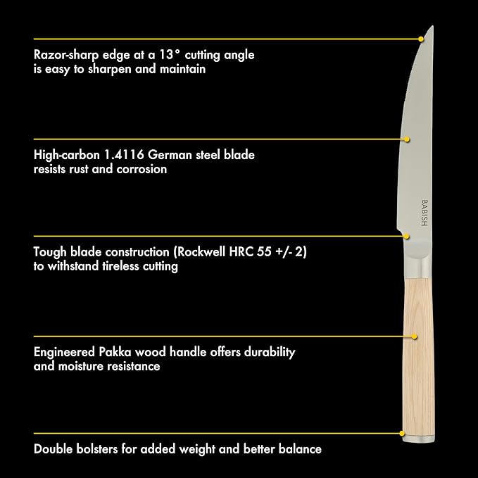 Babish 4-Piece 1.4116 German Stainless Steel Steak Knife Set with Light Pakka Wood Handles ??Full-Tang Steak Knives for Dining, Entertaining & Everyday Table Use