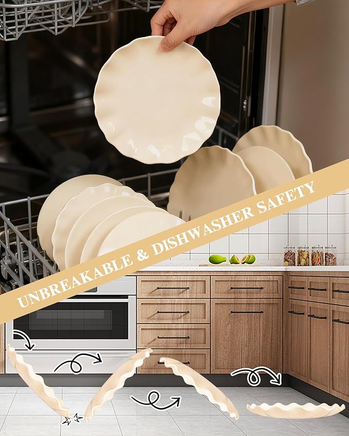 LIYH 20 Pcs Beige Plastic Plates Reusable 7.5 Inch - Unbreakable Plastic Dessert Plates - Scalloped Cake Plate for Weddings Camping Party Outdoor Picnics Dishwasher Safe BPA Free