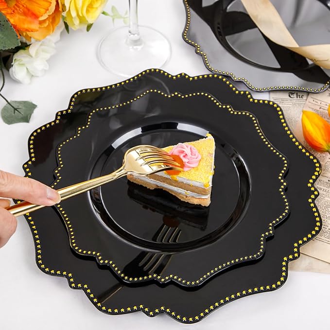COLOSUS 60pcs Disposable Plastic Plates Set, Gold Black Party Plates, 30pcs Dinner Plates and 30pcs Salad/Dessert Plates for Wedding, Party, Anniversary, Daily Use竊똍ew Year