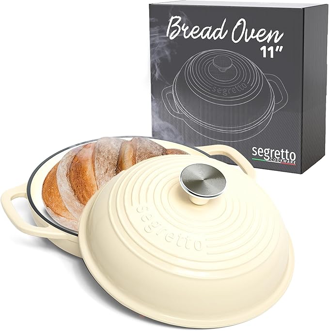 Enameled Cast Iron Bread Pan with Lid, 11??Bianco Perla (White) Bread Oven Cast Iron Sourdough Baking Pan, Dutch Oven for Bread - Segretto Cookware