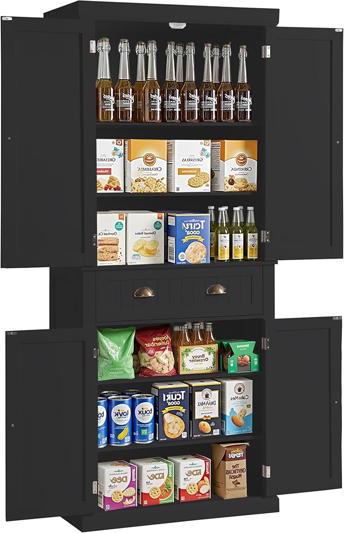 KIGOTY 72" Tall Kitchen Pantry Cabinet with Drawer and 4 Adjustable Shelves, Freestanding Pantry Storage Cabinets, Wood Cupboard Pantry Cabinet for Kitchen, Dining Room, Living Room, Black