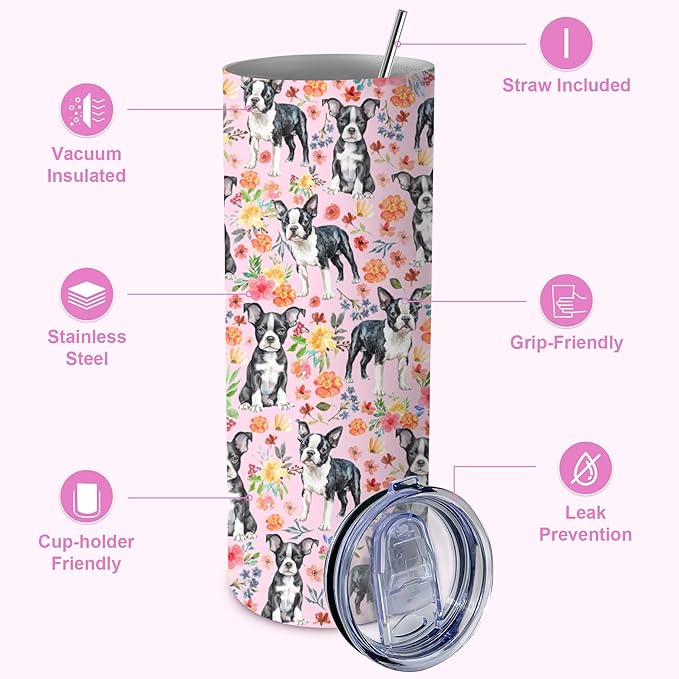 Yogusut Boston Terrier Gifts for Women, 20oz Stainless Steel Insulated Tumbler Travel Mug Cup with Lid Straw Brush, Gifts for Dog Mom Dog Lover