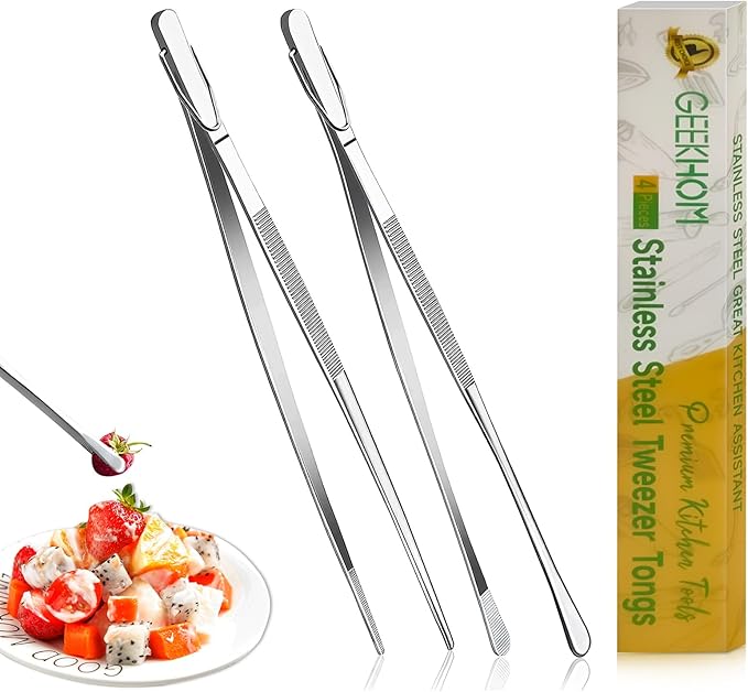 GEEKHOM Professional 12-Inch Chef Tweezers Tongs: 2-Pcs Stainless Steel with Precision Serrated Tips for Plating (Silver)