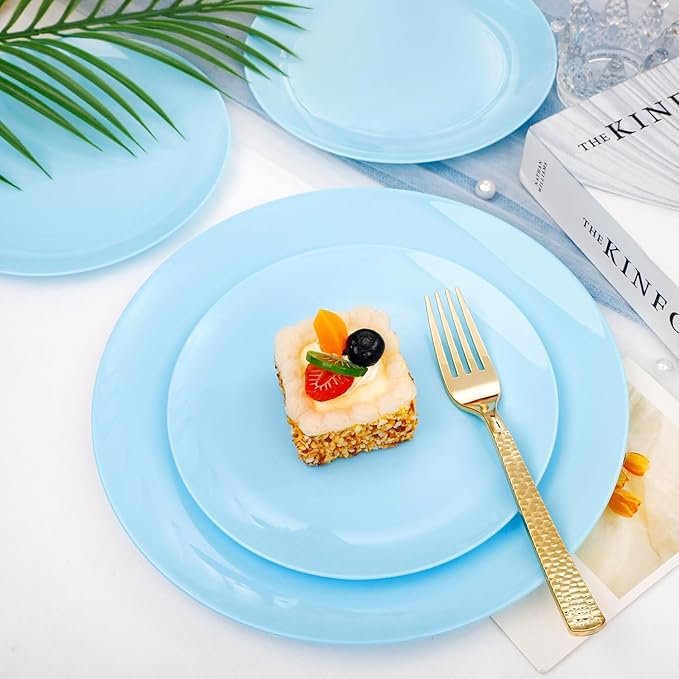 KIRE 60PCS Blue Plastic Plates Disposable - Heavy Duty Light Blue Plates Include 30Pcs 10.25??Dinner Plates and 30Pcs 7.5??for Dessert/Salad in Baby Shower/Picnic
