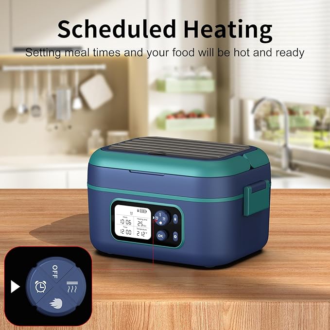 EDCREATY Cordless Electric Heated Lunch Box, 1.5L 6.3Cups 24000mAh Rechargeable Battery Self-Heating Lunch Box, Smart Timer, Even Heating, 100W Portable Food Warmer for Office, Picnic, Car, Outdoor