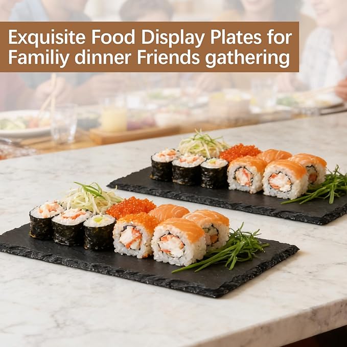 12PCS 9inch*6inch Natural Slate Cheese Board Sushi Placemat Stone Charcuterie Platter Food Contact Safe Stone Slate Tiles for Laser Engraving,Suitable for Party, Gift, Fruit, Meat, Wedding