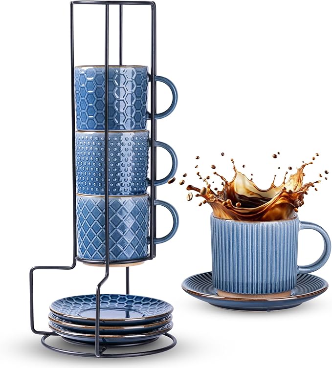 GBhome 6OZ Stackable Coffee Mugs with Stand and Saucer, Ceramic Coffee Mugs Set of 4 with Texture Patterns for Man,Woman,Dad,Mom, Modern Coffee Cups for Latte/Espresso. Dishwasher&Microwave Safe, Blue