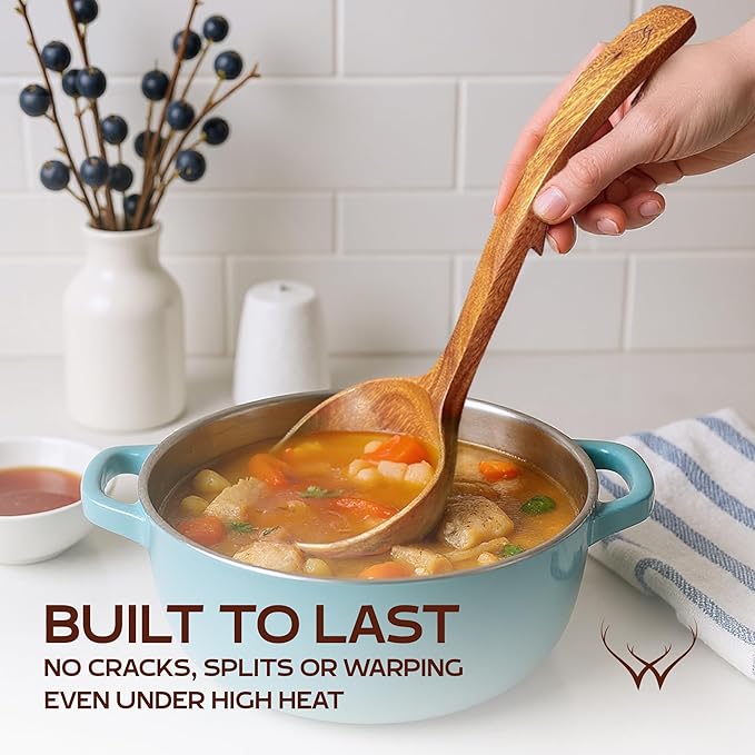 Wooden Ladle Set of 3 Sizes ??Teak Wood Soup Spoons with Hook Handles for Cooking, Serving, Stirring ??Non-Stick Wooden Spoons for Pot & Bowl Use