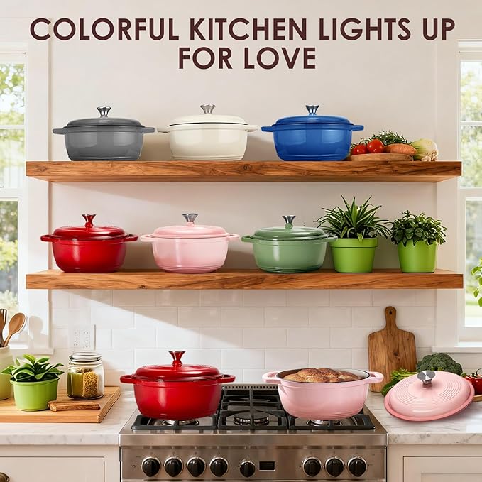 Enameled Cast Iron Dutch Oven Pot With Lid - AIVIKI 5QT Dutch Oven for Bread Baking With Cotton Potholders - Heavy-Duty Cookware for Braising, Stew, Roasting, Oven Safe up to 500째F, Red