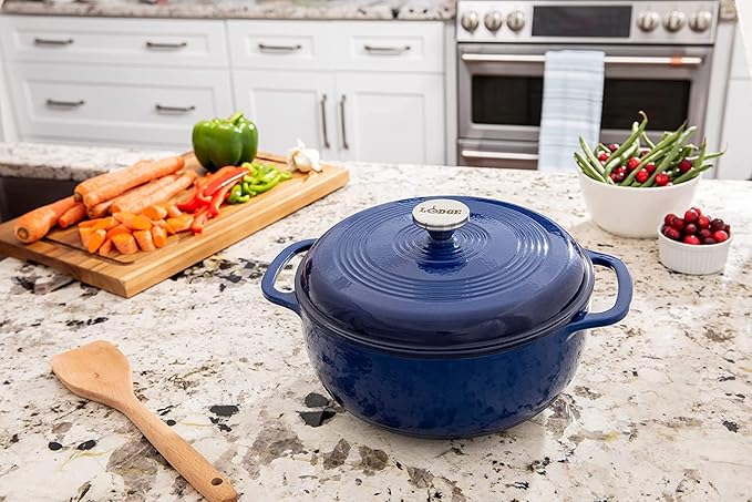 Lodge 3 Quart Enameled Cast Iron Dutch Oven with Lid ??Dual Handles ??Oven Safe up to 500째 F or on Stovetop - Use to Marinate, Cook, Bake, Refrigerate and Serve ??Indigo