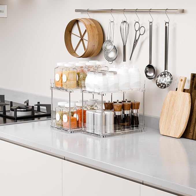 Yieach 2 Pack 2 Tier Vertical Spice Rack Pull Out,10.4'' Deep Narrow Slide Out Spice Rack Organizer for Inside Cabinets,Kitchen,Pantry,Cupboard Seasoning,Can,Jar Organizer and Medicine Cabinet Storage