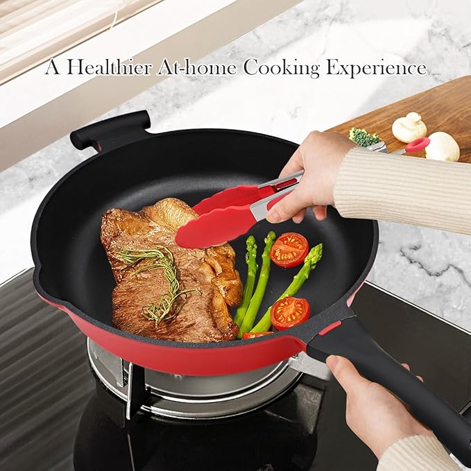 2-In-1 Nonstick Deep Frying Pan Skillet, 12.5 Inch Saute Pan with Lid Non Toxic, PTFE & PFOA Free, Compatible with All Stovetops-Red