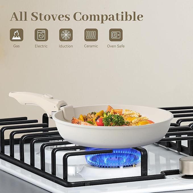 5PCS Pots and Pans Set Non Stick, Kitchen Cookware Sets with Detachable Handle, Induction Cookware Sets, Non Stick RV Cookware Cooking Set, Dishwasher 竊?Oven Safe, PFOA Free, Cream White