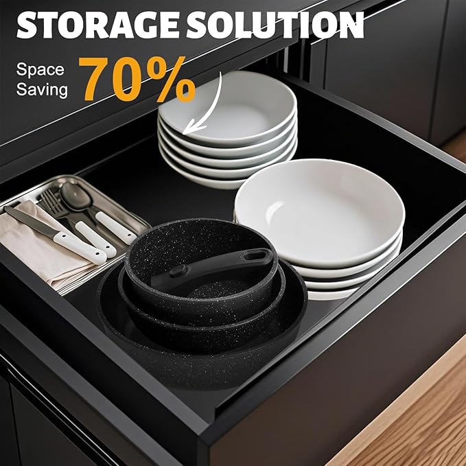 Numola 10 pcs Pots and Pan Set Non Stick with Detachable Handle, Ceramic Cookware Set for Stackable, Induction Kitchen Cookware Set for RV, Dishwasher 竊?Oven Safe, Black