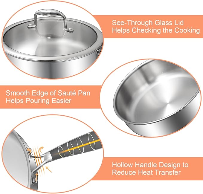 EWFEN 12 Inch Tri-Ply Stainless Steel Frying Pan, Deep Frying Pan with lids, Compatible with All Cooktops Up to 600?? Induction Cooking Pan, Dishwasher and Oven Safe, Fast & Even Heat