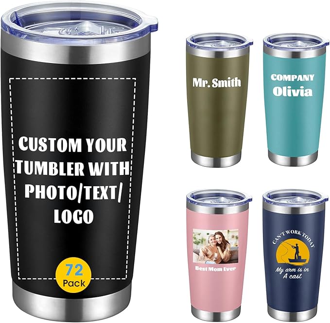 COMOOO Personalized 20oz Stainless Steel Tumbler with Lid, Insulated Tumbler Custom Gift with Text, Photo, Logo for Men, Women, Friends竊똁lack, 72 Pack