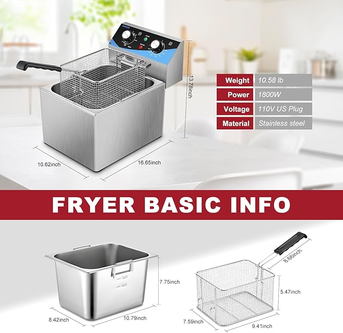 8L/8.45QT Stainless Steel Electric Deep Fryer with Basket & Lid, Single Tank Countertop Kitchen Frying Machine with Timer for Home Kitchen, Restaurant, Delis, 1800 Watts 110V