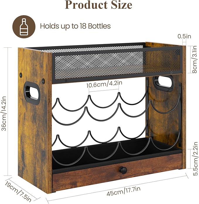 3-Tier Countertop Wine Rack, Coffee Syrup Rack Organizer With Drawer for Coffee Bar, Tabletop Liquor Bottle Display Shelf for Home Kitchens, Restaurants and Bar Counters, Holds up to 18 Bottles