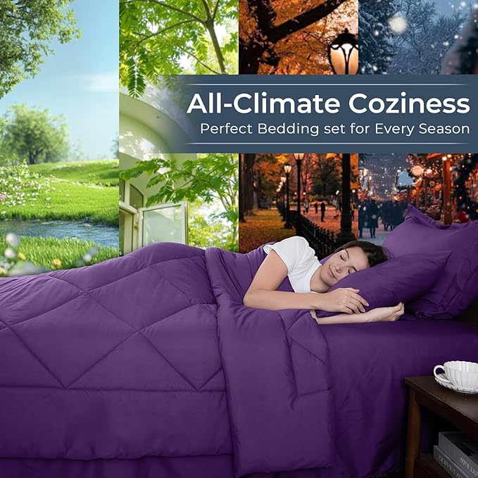 HEVUMYI Purple King Comforter Set - 7-Piece All Season Bed in a Bag King, Ultra Soft Bedding Set with Comforter, Flat Sheet, Fitted Sheet, Pillowcases, Pillow Shams
